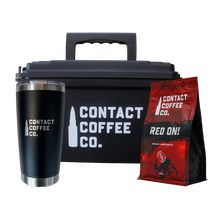 Load image into Gallery viewer, coffee survival kit - black tin / red on

