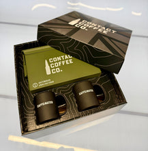 Load image into Gallery viewer, Ammo Tin Coffee Gift Set open in its Union Jack presentation box: olive M2A1 ammo tin and two matte black Contact Coffee mugs