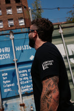 Load image into Gallery viewer, Contact Coffee Logo T-Shirt, Black - sleeve wordmark detail