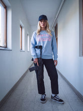 Load image into Gallery viewer, Female 14 Light blue Varsity logo sweatshirt Front