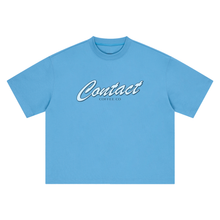 Load image into Gallery viewer, Script logo tee, Blue, garment flat lay.