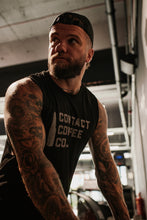 Load image into Gallery viewer, Contact Coffee Co. Raw Edged Men's Gym Vest, black - standing portrait