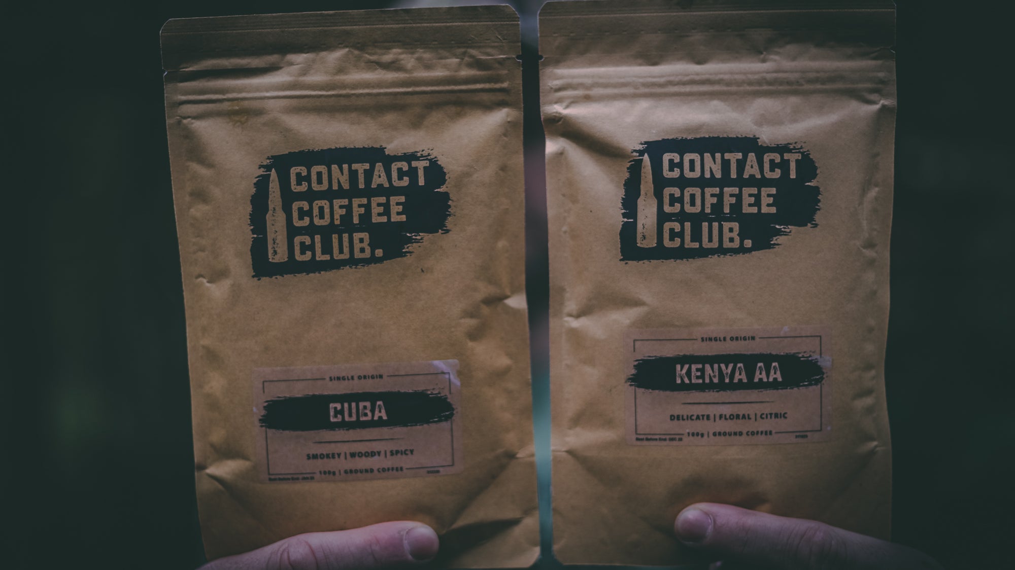Two bags of coffee from contact coffee subscription