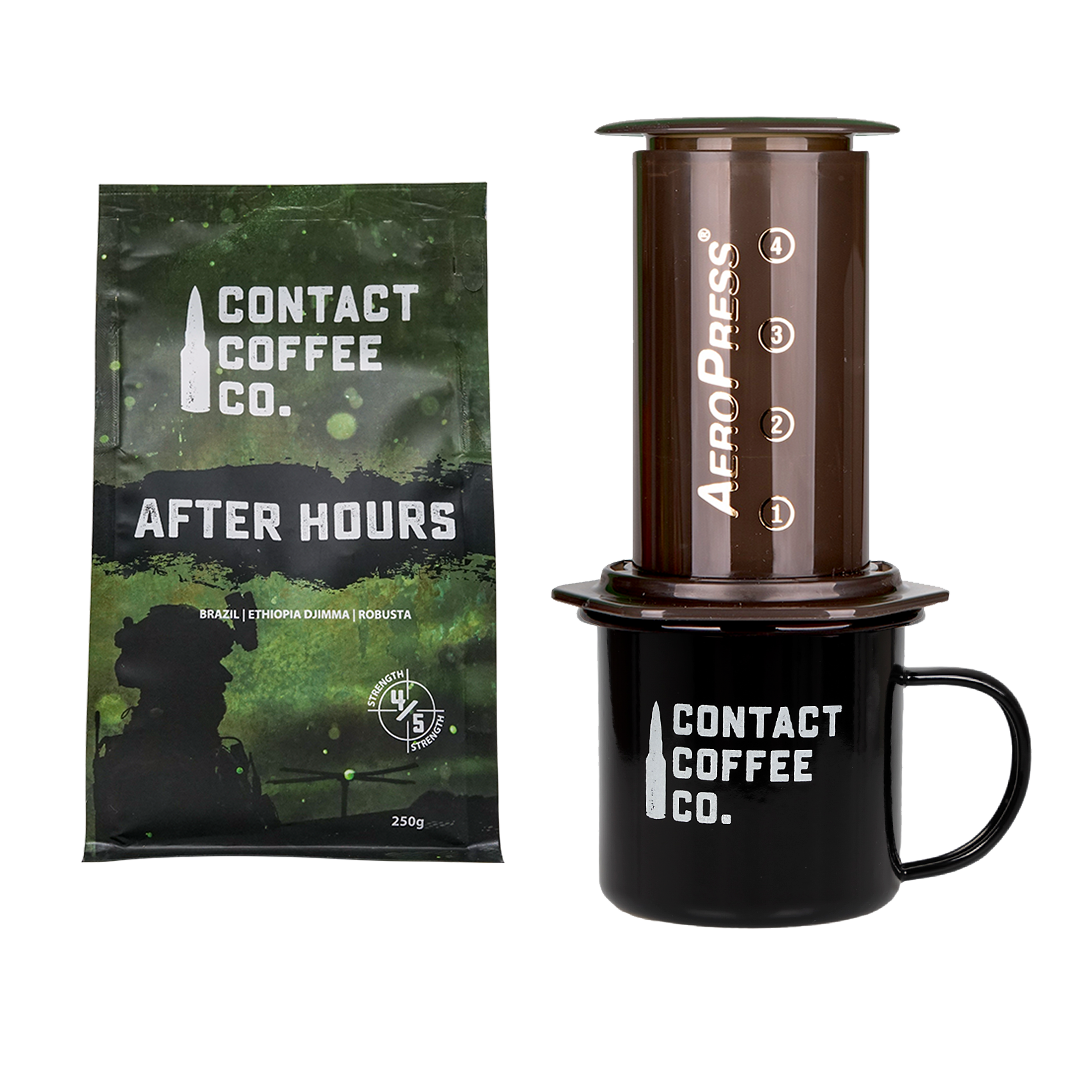 Contact Coffee Co Care Package coffee gift set with AeroPress, enamel mug and speciality coffee