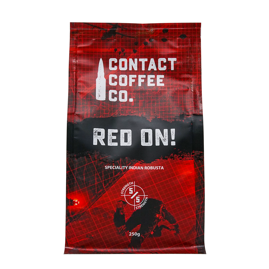 Contact Coffee Co Red On, a high caffeine ground coffee made from speciality robusta beans