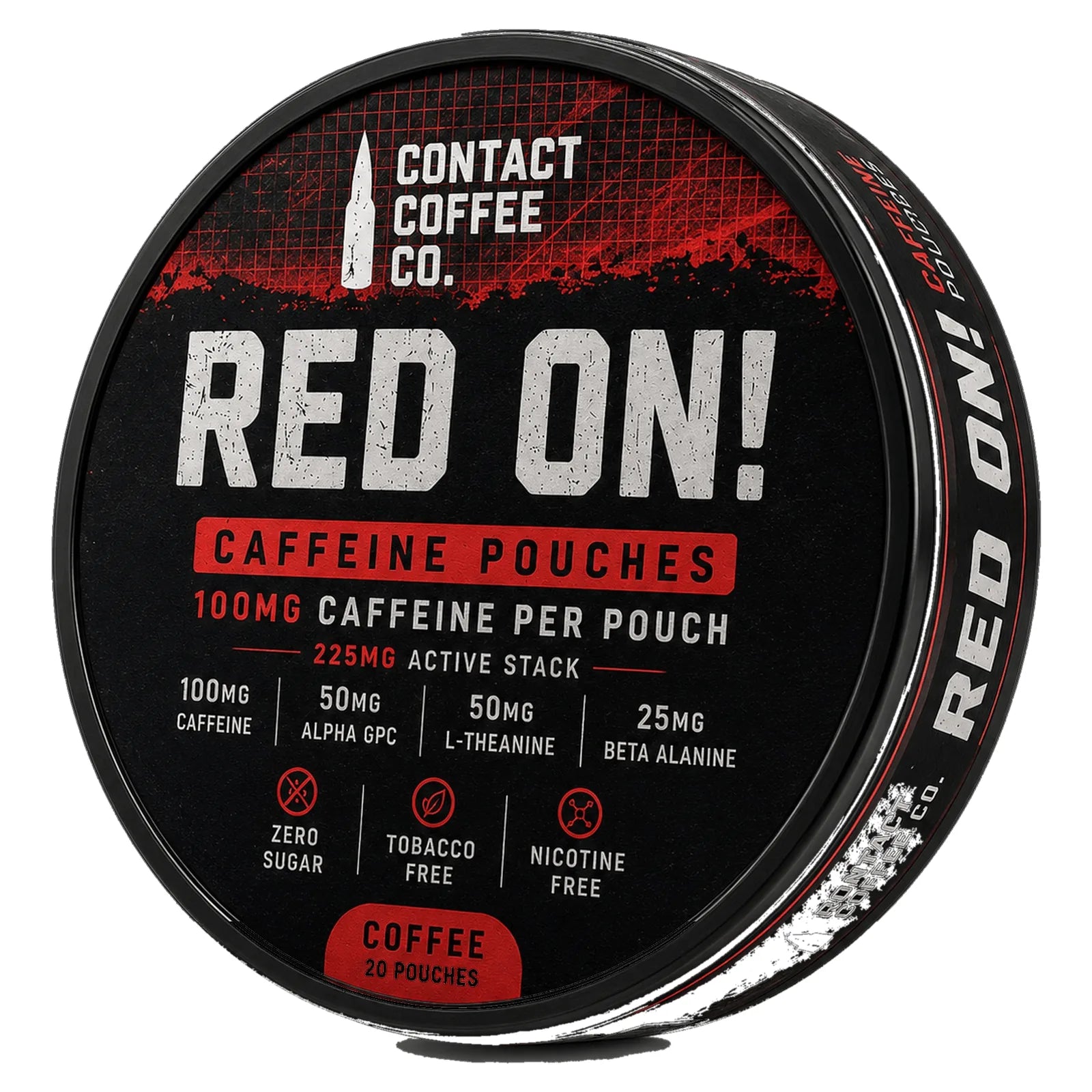 Red On caffeine pouches tin