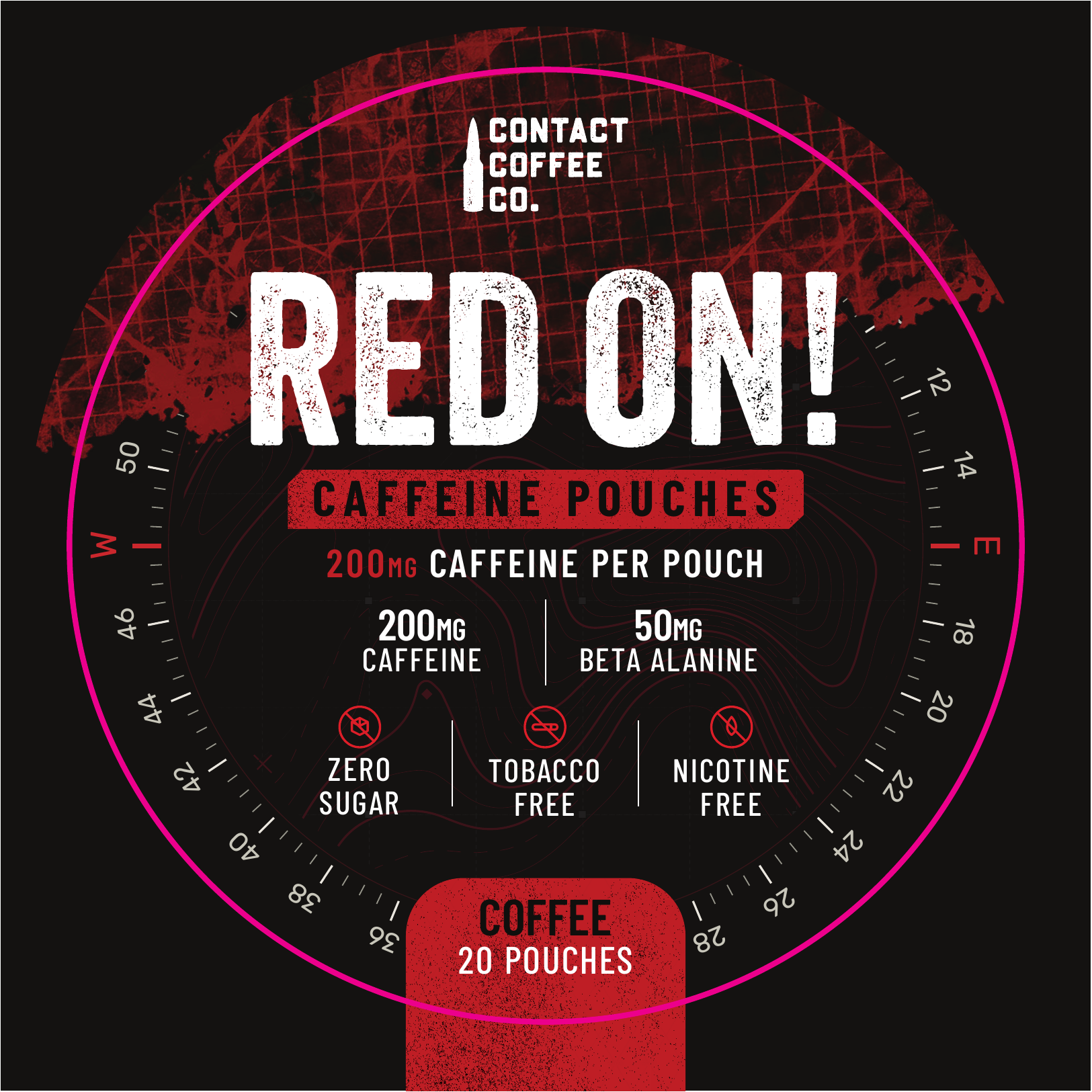 Red On caffeine pouches Coffee tin, 200mg caffeine and 50mg beta alanine per pouch, compared against Muse Surge 200mg