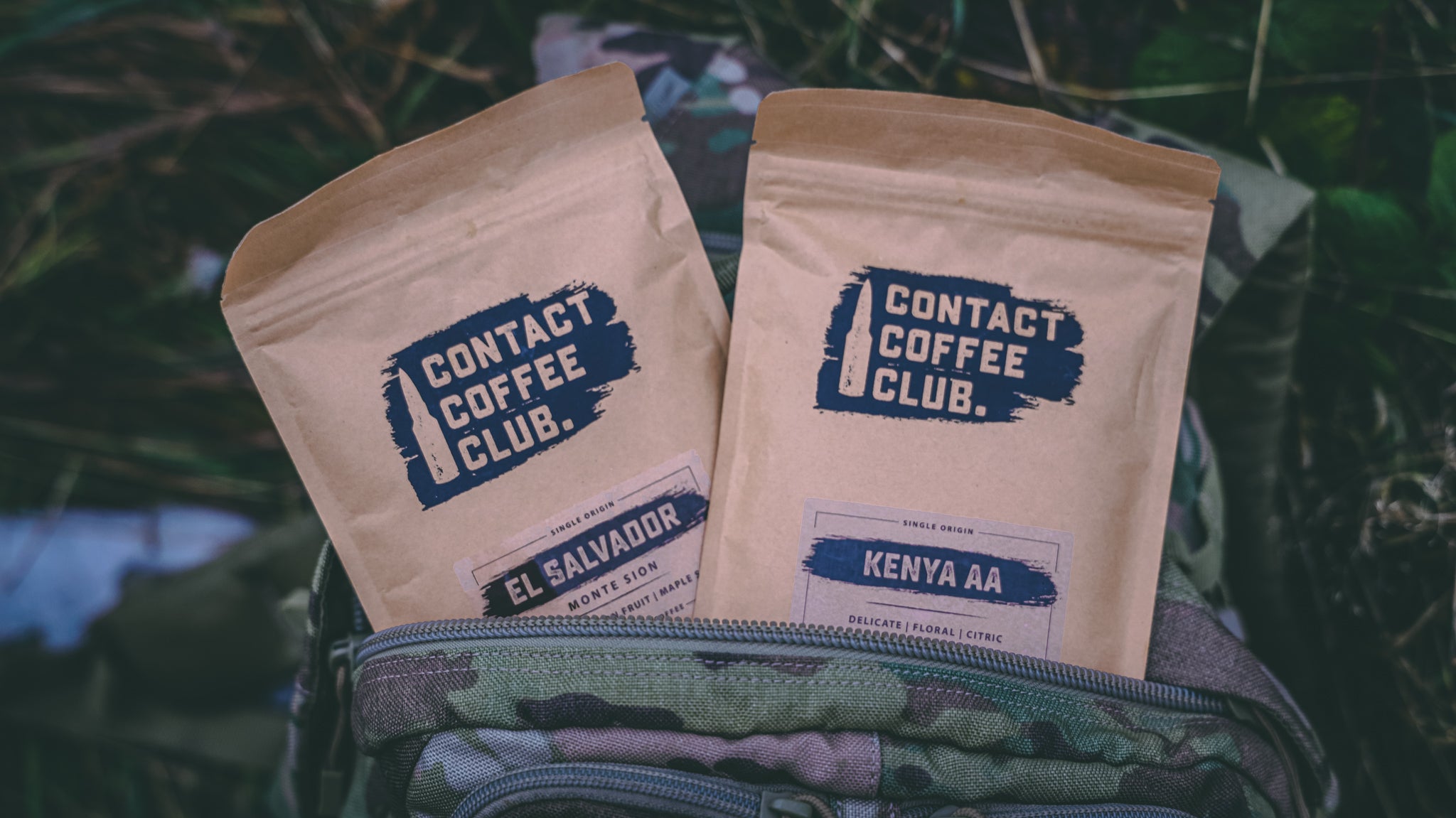 monthly coffee subscription bags in a camouflage bag