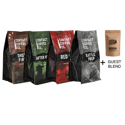 monthly coffee subscription bags and free guest blend for quad
