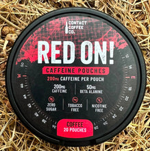 Load image into Gallery viewer, Red On caffeine pouches tin, Coffee flavour, 200mg caffeine and 50mg beta alanine per pouch, Contact Coffee Company
