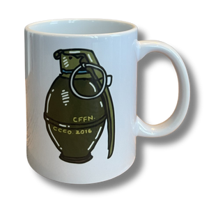 White mug with a green grenade on. CCCO 2016 on the grenade