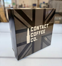 Load image into Gallery viewer, Contact Coffee Company Union Jack presentation gift box, closed, matte black and grey
