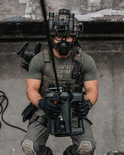 Contact Coffee Camo T-Shirt, Military Green - camo stencil logo worn on operations