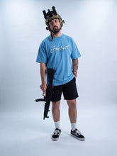 Load image into Gallery viewer, Male 19 Blue Script logo shirt Front
