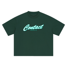 Load image into Gallery viewer, Script logo tee, Green, garment flat lay.
