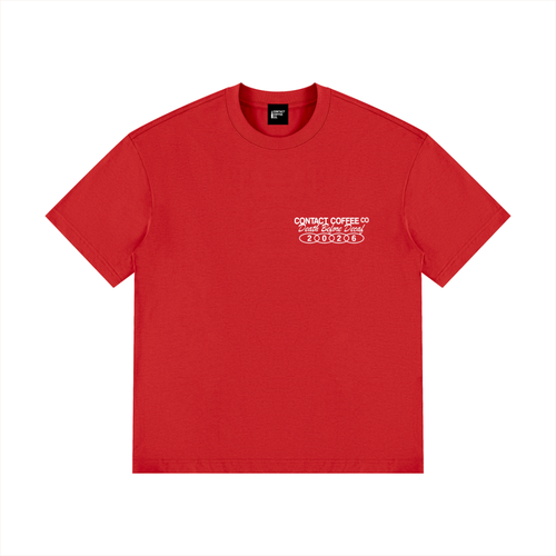 Death Before Decaf tee, Red, garment flat lay.