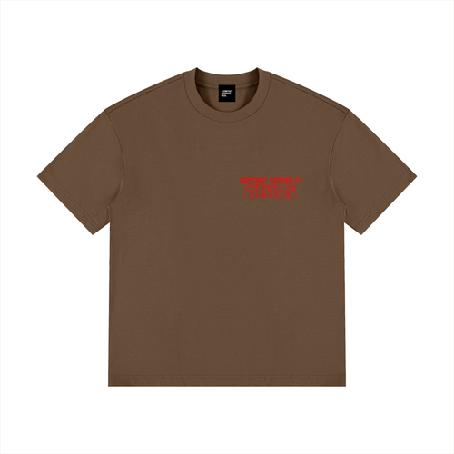 Death Before Decaf tee, Brown, garment flat lay.