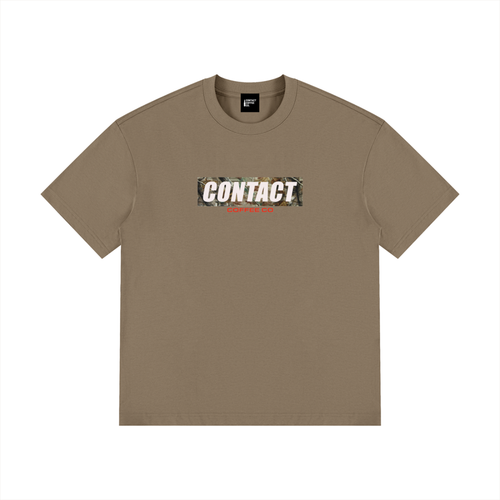 Camouflage logo tee, Brown, garment flat lay.
