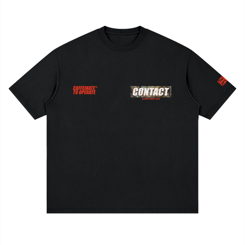 Caffeinate to Operate tee, Black, garment flat lay.