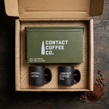 Load image into Gallery viewer, Coffee Resupply Gift Box closed, kraft box printed with the Union Jack and Coffee Resupply
