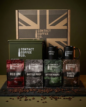 Load image into Gallery viewer, Coffee Resupply Gift Box: Union Jack gift box, genuine M2A1 ammo tin, two black Contact Coffee mugs and four coffee bags
