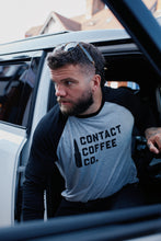 Load image into Gallery viewer, Contact Coffee Baseball Long Sleeve, Heather Grey / Black - worn front on
