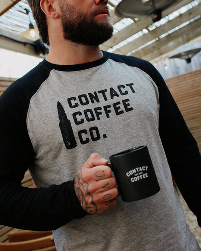 Contact Coffee Baseball Long Sleeve, Heather Grey / Black - logo with mug