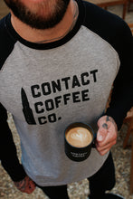 Load image into Gallery viewer, Contact Coffee Baseball Long Sleeve, Heather Grey / Black - logo detail with latte
