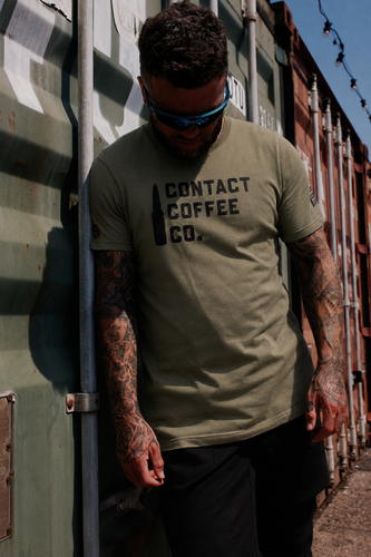 Contact Coffee Logo T-Shirt, Military Green - worn front on