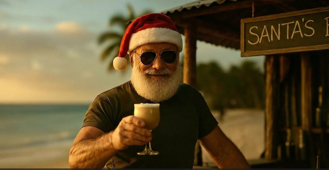 santa drinking coffee on beach