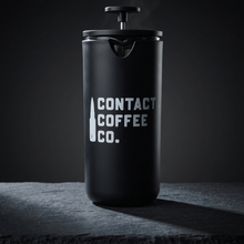 Load image into Gallery viewer, Timemore travel coffee maker, a 450ml black cafetière, front view with the Contact Coffee Co logo
