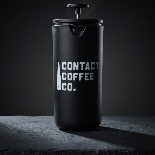 Timemore travel coffee maker, a 450ml black cafetière, front view with the Contact Coffee Co logo