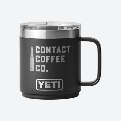 YETI x Contact Coffee Co Rambler 10oz Stackable Mug in black, laser etched Contact Coffee Co logo, front view