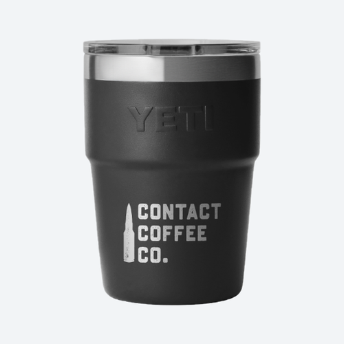 YETI x Contact Coffee Co Rambler 16oz Stackable Cup in black, laser etched Contact Coffee Co logo, front view