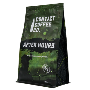 side view of contact coffee co after hours coffee 250g military company