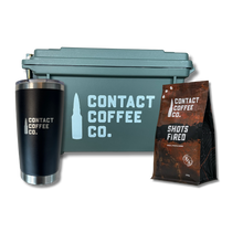Load image into Gallery viewer, emergency coffee kit - green tin / shots fired
